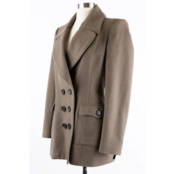 $2,450 Burberry Cashmere Blend Pocket Pea Coat SZ 44/10 US Olive Brown